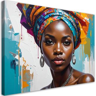 Feeby Cuadro Sobre Lienzo, Retrato Colorido De Una Mujer Con Un Turbante Glamour, 120x80