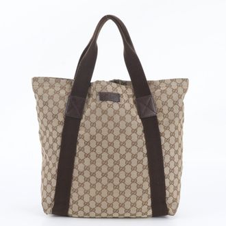 Gucci Brown Leather Canvas Shoulder Bag Tote Bag (Pre-Owned)