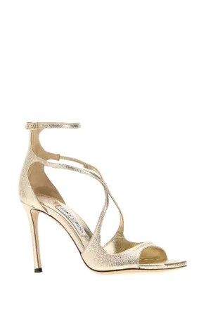 Jimmy Choo London Womens Gold Fabric Azia 95 Sandals Platinum Scarpe Con Tacco High Heel Shoes