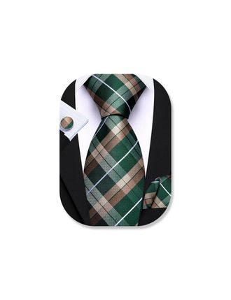 Barry.Wang Mens Green Brown Tie Silk Tartan Necktie Pocket Square Cufflinks Set Wedding Business