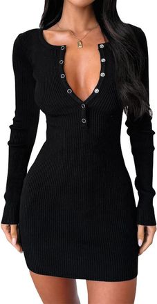 Generic Women Long Sleeve Sweater Dress, Sexy V-Neck Button-Up Bodycon Dress, Autumn and Winter Ribbed Stretch Knit Mini Dresses, for Daily Wear, Work, Date, 