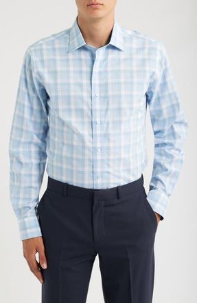 Lorenzo Uomo Trim Fit Plaid Check Cotton Dress Shirt in Light Blue at Nordstrom, Size 17.5