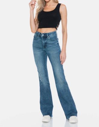 Judy Blue Mid Rise Medium Wash Tummy Control Cut Hem Flare In Blue