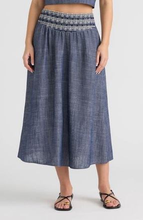 NVLT Embroidered A-Line Midi Skirt in Denim Blue at Nordstrom Rack, Size X-Large