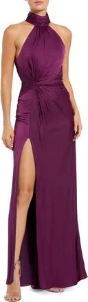 Mac Duggal Petite Open Back High Neck Side Ruched Gown in Plum at Nordstrom, Size 4