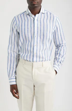 Emanuel Berg Stripe Slub Linen Button-Up Shirt in Blue at Nordstrom, Size 40