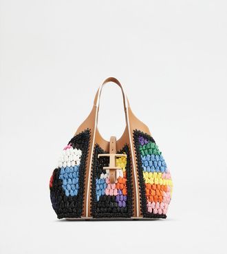 Tod's T Timeless Shopping Bag in Leather and Raffia Mini