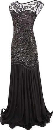 Generic Long Evening Dresses for Women UK: 1920s Crew Neck Sequin Beaded Fringed Dress Cap Sleeve Vintage Swing Party Dress Formal A Line Wedding Guest Dress 