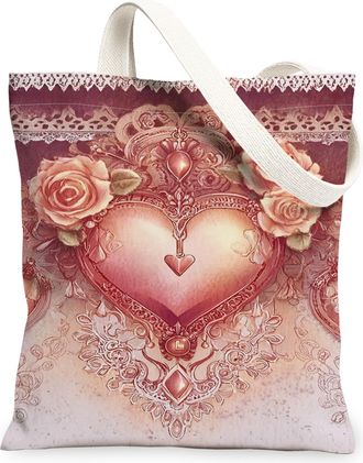 Generic Romantic Vintage Hearts Canvas Tote Bags, Elegant Floral Design Reusable Grocery Bags, Lightweight Washable Shoulder Strap, Peach, 13x15 Inch