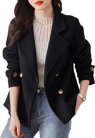 Generic Pea Coats For Women Double Breasted Short Wool Blazer Jacket Fall Winter Fashion Lapel Long Sleeve Casual Trench Coat
