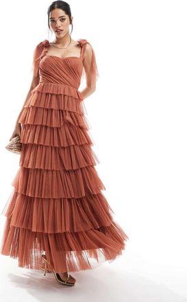 Lace & Beads Vestito lungo da damigella color terracotta in tulle con fiocchi sulle spalline-Marrone