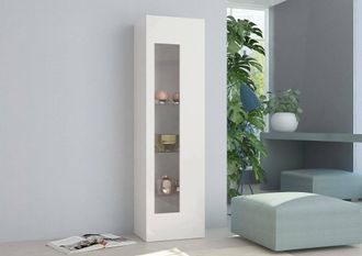 Dmora Armario Columna Con Puerta De Cristal, Made In Italy, Aparador Con Estantes, Vitrina Para Sal&oacute;n, 45x34h162 Cm, Color Blanco Brillante, Con Embalaje Re