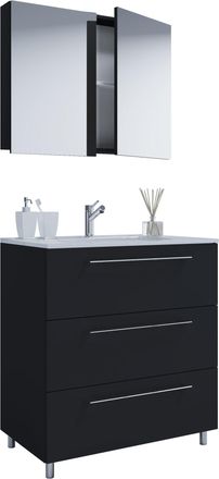 ebuy24 Ebuy24 - Vcm 3 Unids Lavabo Lavabo Gabinete Inferior Ancho 80 Cm Muebles De Ba&ntilde;o Conjunto De Pie Con Tres Cajones Espejo Gabinete Badinos (negro)