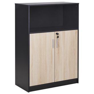 Beliani Armario Moderno 2 Puertas Almacenamiento De Oficina Tablero De Part&iacute;culas Unidad De Gabinete Con Estante Abierto Con Llave Madera Clara Y Negro Zehna