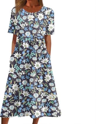 Generic Keepink Summer Dresses for Women UK Floral Print Midi Dresses Crew Neck Short Sleeve Casual Dress Loose Tunic T-Shirts Dress Ladies Sundress with Pock