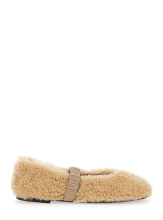 Pollini Beige Ballerinas With Elastic Band And Shearling Design In Leather Woman
