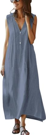 Generic Maxi Dresses for Women UK Button V Neck Casual Loose Sleeveless Dress Ladies Summer Dress Beach Dresses and Cover ups Navy Plus Size 14 16 18 20 22 24