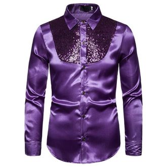Generic Mens Shiny Satin Sequins Button Dress Shirts Long Sleeve Slim Fit Disco Party Prom Wedding Costume Purple