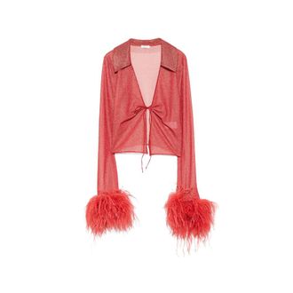 Os&eacute;ree Feather-trimmed Metallic-thread Top