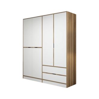 Dmora Armario Grande Odalys, Ropero Dormitorio 5 Estantes, Perchero, 2 Cajones, 185x208h Cm Blanco Y Nogal Y Nogal