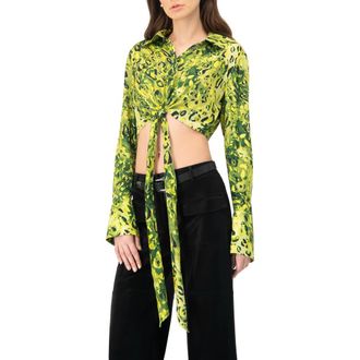 Ivonne Cropped Animal Print Shirt With Waist tie in Green at Nordstrom, Size 14