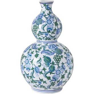 Beliani Flower Vase White and Blue Double Gourd Porcelain Decorative Table Accessory Antique Vintage MOSTOLES