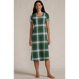 Lands End Cotton Short Sleeve Midcalf Nightgown in Light Emerald Plaid at Nordstrom, Size X-Large
