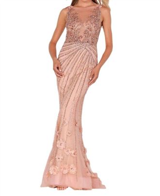 Terani Couture Sleeveless Floral Lace Gown In Champ/blush