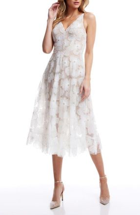 Dress The Population Blair Beaded Floral Cocktail Midi Dress in White/Sand at Nordstrom, Size Xx-Small
