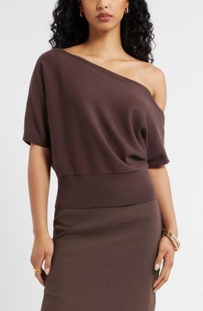Open Edit One-Shoulder Short Sleeve Sweater in Brown Seal at Nordstrom, Size Medium