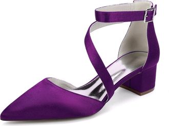 Generic Womes Wedding Bridal Pointed Toe Low Chunky Heels Satin Block Ankle Strap Pumps Party Dress Shoes 4.5 Cm,Dark Purple,10 UK