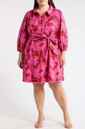 Sugarlips Craney Floral Print Tie Waist Long Sleeve Shirtdress in Burgundy-Pink at Nordstrom, Size 1X