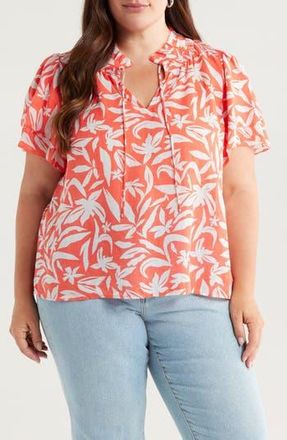 Caslon Floral Flounce Sleeve Top in Coral- Blue Hattie Floral at Nordstrom Rack, Size 3X
