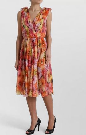 Dolce & Gabbana silk floral print v-neck pleated midi dress