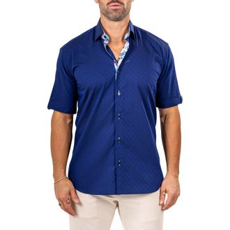 Maceoo Galileo Marthy Short Sleeve Cotton Button-Up Shirt in Blue at Nordstrom, Size 3