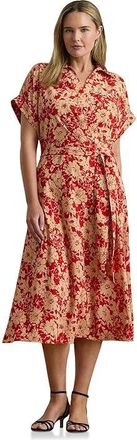 Lauren Ralph Lauren Floral Belted Crepe Dress Womens Dress Red/Tan : 16, Polyester/Elastane
