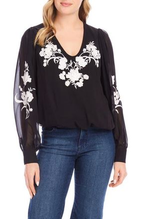 Karen Kane Floral Embroidered Georgette Top in Black/Ivory at Nordstrom, Size Small