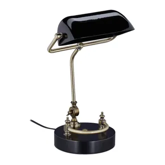 Relaxdays L&aacute;mpara Banquero Vintage, Tulipa Cristal Orientable, Madera, Luz Escritorio Y Oficina, Rosca E27, Retro, Negro - Relaxdays