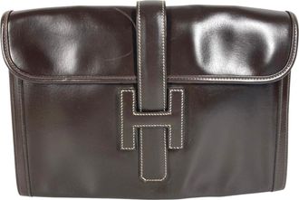 Herm&egrave;s Dark Brown Leather Clutch Bag (Pre-Owned)
