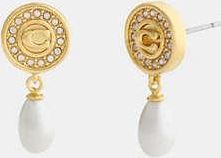 Coach Womens Signature Pav&eacute; Coin Pearl Drop Earrings in White | Metal