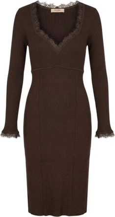 Twinset Geribde jurk met kanten details en V-hals - Dames - Kleedjes - Bruin - XS - Kleedjes