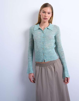 Topshop Cardigan in maglia color menta trasparente con colletto-Verde