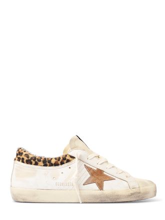 Golden Goose Distressed Leather Sneakers with Suede Star and Leopard Print Collar