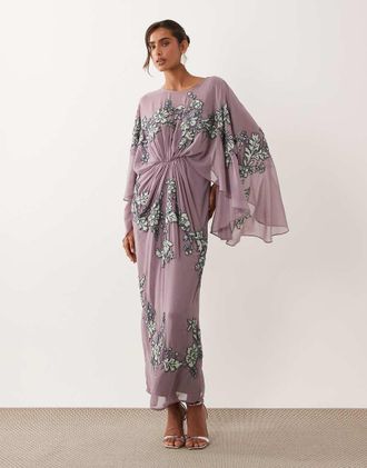 Asos Vestito lungo viola decorato con maniche a mantella