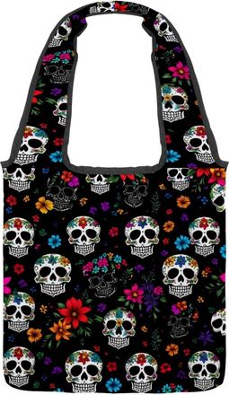 Generic Sugar Skulls Florals Reversible Canvas Shoulder Tote - Double-Sided Print, 12oz Cotton, 27cm Drop, Fold-Flat Bag for Travel, Shopping, Street Outings