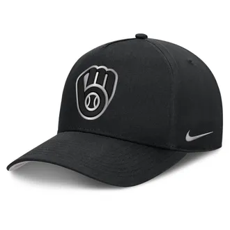 Nike Milwaukee Brewers Rise Nike Mens Dri-FIT MLB A-Frame Trucker Adjustable Hat in Black | NB1E0FBPMZB-HWD