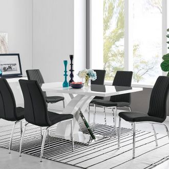 Furniturebox Atlanta Modern Rectangle Chrome Metal High Gloss White Dining Table & 6 Isco Chairs Set in Black