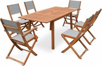 Sweeek Mesa terraza, conjunto de jardin, madera y textileno gris, 6 plazas