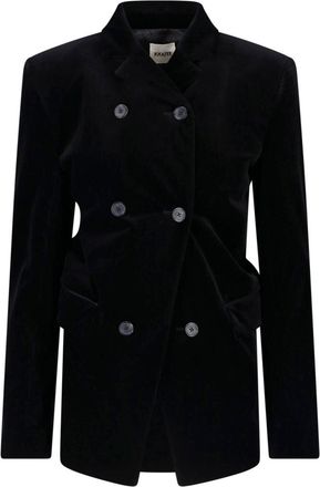Khaite Double-Breasted Black Velvet Rolo Jacket with Draped Waist