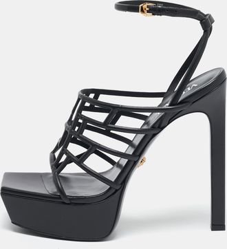 Versace Black Leather Greca Cage Platform Sandals